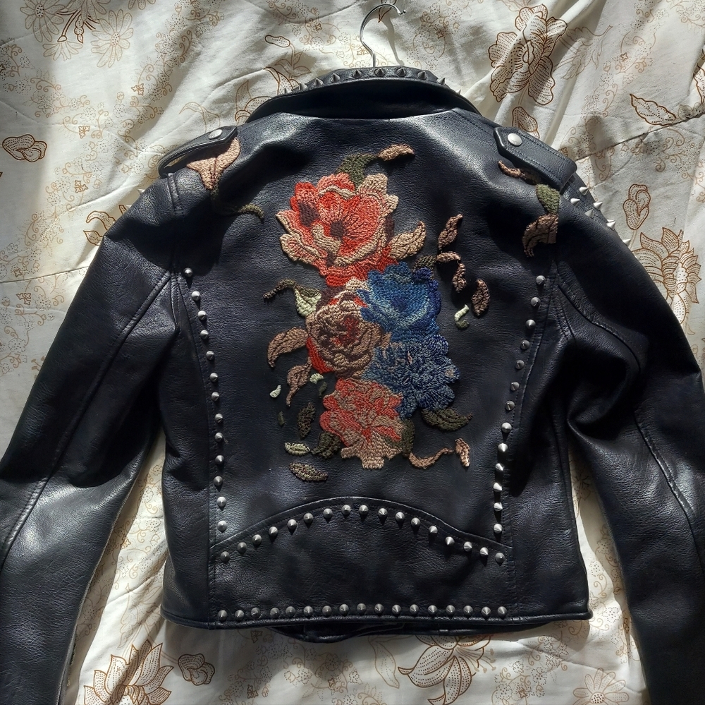 Blank NYC Black Leather Jacket with Floral Embroidery
